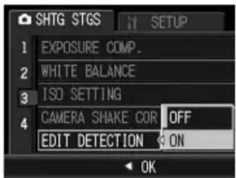 SHTG STGS 1 EXPOSURE COMP. 2 WHITE BALANCE 3 ISO SETTING 4 CAMERA SHAKE COR OFF EDIT DETECTION ON OK