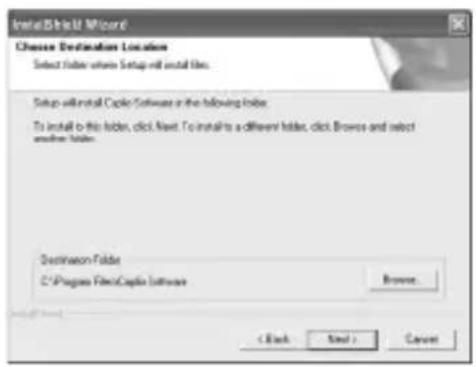 InstallShield Wizard Choose Destination Location Select folder where Setup will install files. Setup will install C++ Software in the following folder. To install to this folder, click Next. To install to a different folder, click Browse and select another folder. Destination Folder C:\Program Files\Capita\Software Browse... < Back Next > Cancel