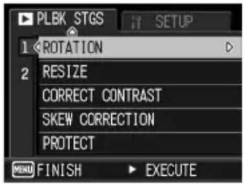 PLBK STGS 1 ROTATION 2 RESIZE CORRECT CONTRAST SKEW CORRECTION PROTECT MENU FINISH EXECUTE