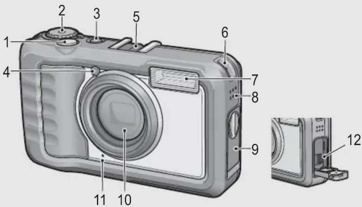Diagram of a digital camera with numbered parts for identification and assembly reference.