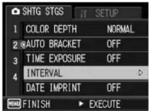 SHTG STGS 1 COLOR DEPTH NORMAL 2 AUTO BRACKET OFF 3 TIME EXPOSURE OFF 4 INTERVAL 5 DATE IMPRINT OFF MENU FINISH EXECUTE