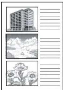 Scanned document page with three grayscale photos of buildings, clouds, and flowers, each accompanied by blank text lines.