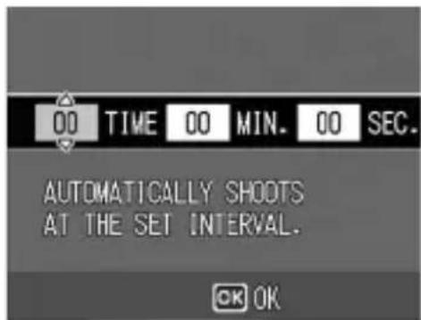 00 TIME 00 MIN. 00 SEC. AUTOMATICALLY SHOOTS AT THE SET INTERVAL. OK OK