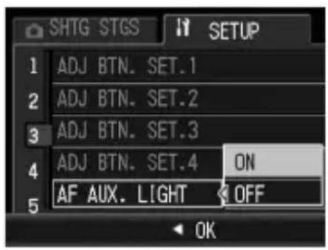 SHTG STGS SETUP 1 ADJ BTN. SET.1 2 ADJ BTN. SET.2 3 ADJ BTN. SET.3 4 ADJ BTN. SET.4 ON 5 AF AUX. LIGHT OFF OK
