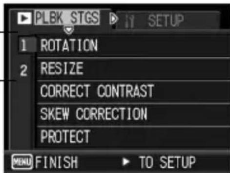 PLBK STGS SETUP 1 ROTATION 2 RESIZE CORRECT CONTRAST SKEW CORRECTION PROTECT MENU FINISH TO SETUP