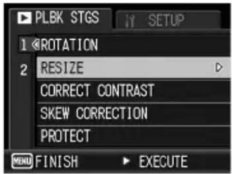 PLBK STGS 1 ROTATION 2 RESIZE CORRECT CONTRAST SKEW CORRECTION PROTECT MENU FINISH EXECUTE