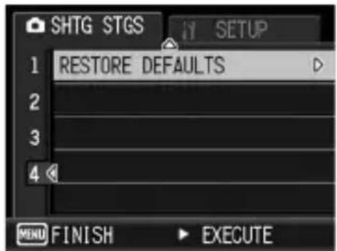 SHTG STGS 1 RESTORE DEFAULTS 2 3 4 MENU FINISH EXECUTE