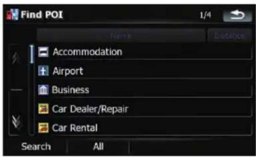 Find POI 1/4 Name Distance Accommodation Airport Business Car Dealer/Repair Car Rental Search All
