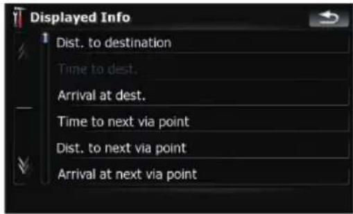 Displayed Info Dist. to destination Time to dest. Arrival at dest. Time to next via point Dist. to next via point Arrival at next via point