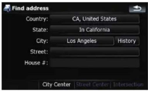Find address Country: CA, United States State: In California City: Los Angeles History Street: House #: City Center Street Center Intersection