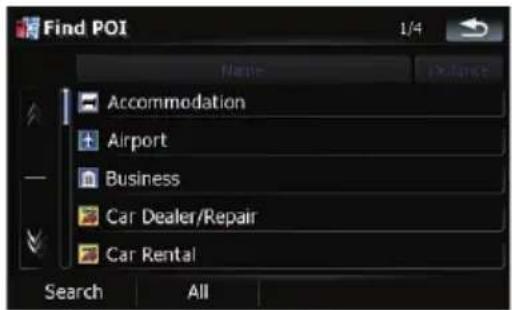 Find POI 1/4 Name Accommodation Airport Business Car Dealer/Repair Car Rental Search All