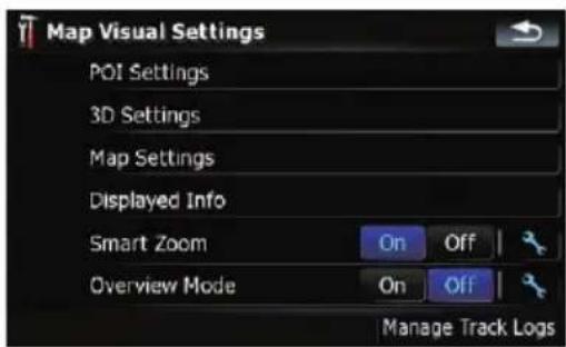 Map Visual Settings POI Settings 3D Settings Map Settings Displayed Info Smart Zoom On Off Overview Mode On Off Manage Track Logs