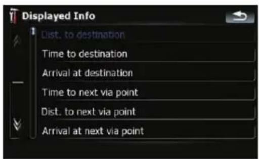 Displayed Info Dist. to destination Time to destination Arrival at destination Time to next via point Dist. to next via point Arrival at next via point