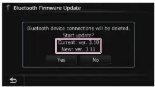 Bluetooth Firmware Update Bluetooth device connections will be deleted. Start update? Current: ver. 3.10 New: ver. 3.11 Yes No