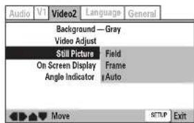 Audio V1 Video2 Language General Background — Gray Video Adjust Still Picture Field On Screen Display Frame Angle Indicator Auto Move SETUP Exit