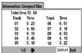 Information: Compact Disc Total time 72.04 Track Time Track Time 01 5.23 06 6.51 02 4.55 07 3.18 03 6.13 08 6.50 04 5.45 09 4.16 05 5.10 10 3.22 1/2 ▶ DISPLAY Exit