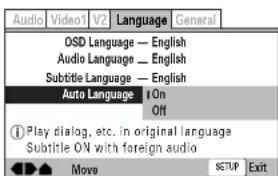 Audio Video1 V2 Language General OSD Language — English Audio Language — English Subtitle Language — English Auto Language On Off Play dialog, etc. in original language Subtitle ON with foreign audio Move SETUP Exit