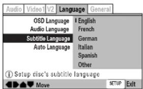 Audio Video1 V2 Language General OSD Language English Audio Language French Subtitle Language German Auto Language Italian Spanish Other Setup cisc's subtitle language Move SETUP Exit