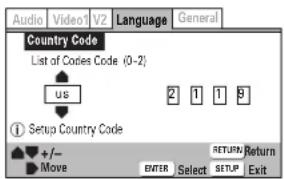 Audio Video1 V2 Language General Country Code List of Codes Code (0-2) us 2 1 1 3 Setup Country Code +/- Return Move ENTER Select SETUP Exit