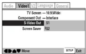 Audio Video1 V2 Language General TV Screen — 16:9\Wide\ Component Out — Interface S-Video Out S1 Screen Saver S2 Move SETUP Exit
