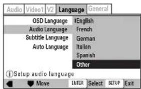Audio Video1 V2 Language General OSD Language | English Audio Language | French Subtitle Language | German Auto Language | Italian Spanish Other ① Setup audio language Move ENTER Select SETUP Exit