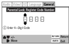 Audio Video1 V2 Language General Parental Lock: Register Code Number Enter 4—Digit Code +/- RETURN Return Move ENTER Exit