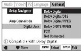 Audio Video1 V2 Language General Setup Navigator Dolby Digital Amp Connection Dolby Digital/DTS Digital Jack Dolby Digital/MPEG PCM Not Connected ① Compatible with Dolby Digital Move ENTER Select SETUP Exit