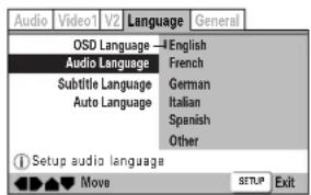 Audio | Video1 | V2 | Language | General | OSD Language — English Audio Language Subtitle Language Auto Language English French German Italian Spanish Other Setup audio language Move SETUP Exit