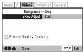 Audio V1 Video2 Language General Background — Gray Video Adjust Start ① Picture Quality Controls Move SETUP Exit