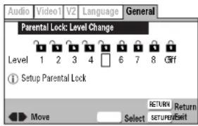 Audio Video1 V2 Language General Parental Lock: Level Change Level 1 2 3 4 6 7 8 Off Setup Parental Lock Move Select RETURN Return SETUPEN/Exit