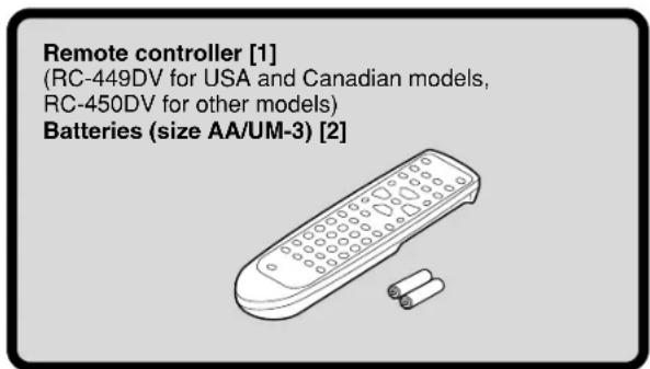 Remote controller [1] (RC-449DV for USA and Canadian models, RC-450DV for other models) Batteries (size AA/UM-3) [2]