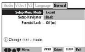 Audio Video1 V2 Language General Setup Menu Mode Expert Setup Navigator I Basic Parental Lock — Off [us] ① Change menu mode Move ENTER Select SETUP Exit