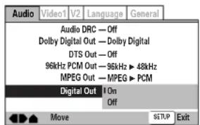 Audio Video1 V2 Language General Audio DRC — Off Dolby Digital Out — Dolby Digital DTS Out — Off 96kHz PCM Out — 96kHz ▶ 48kHz MPEG Out — MPEG ▶ PCM Digital Out | On Off Move SETUP Exit