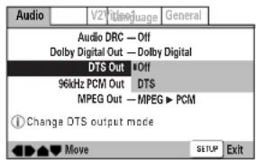 Audio V2 Language General Audio DRC — Off Dolby Digital Out — Dolby Digital DTS Out ▲ Off 96kHz PCM Out DTS MPEG Out — MPEG ▶ PCM Change DTS output mode Move SETUP Exit
