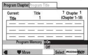 Program Chapter Program Title Current: Title 7 Chapter 1 Title 1 (Chapter 1~18) Program Memory On Off Move Select PROGRAM