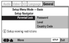 Audio Video1 V2 Language General Setup Menu Mode — Basic Setup Navigator Parental Lock Password Level Country Code ① Setup viewing restrictions Move SETUP Exit