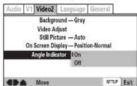 Audio V1 Video2 Language General Background — Gray Video Adjust Still Picture — Auto On Screen Display — Position-Normal Angle Indicator On Off Move SETUP Exit
