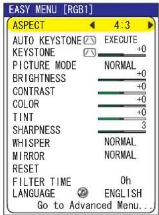 EASY MENU [RGB1] ASPECT 4:3 AUTO KEYSTONE ⚡ EXECUTE KEYSTONE ⚡ +0 PICTURE MODE NORMAL BRIGHTNESS +0 CONTRAST +0 COLOR +0 TINT +0 SHARPNESS 3 WHISPER NORMAL MIRROR NORMAL RESET FILTER TIME Oh LANGUAGE 📋 ENGLISH Go to Advanced Menu...