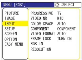 MENU [RGB1] PICTURE IMAGE INPUT SETUP SCREEN OPTION EASY MENU PROGRESSIVE TV VIDEO NR MID COLOR SPACE AUTO COMPONENT COMPONENT VIDEO FORMAT AUTO FRAME LOCK TURN ON RGB IN RESOLUTION