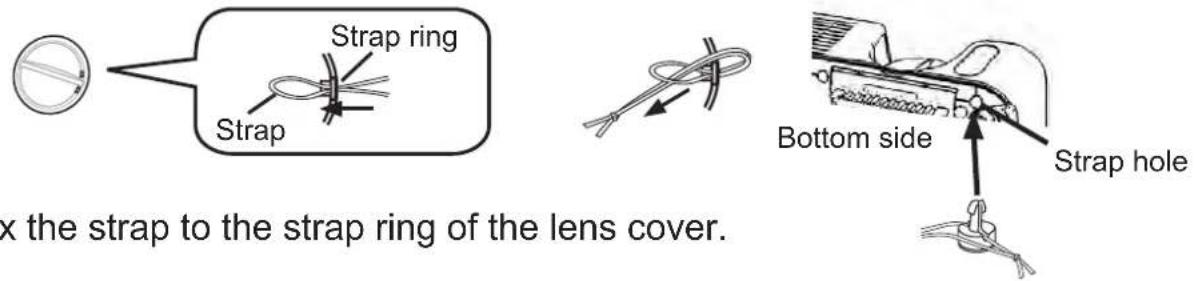 Strap ring Strap Bottom side Strap hole x the strap to the strap ring of the lens cover.