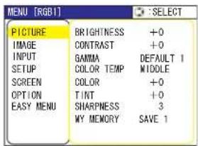 MENU [RGB1] PICTURE BRIGHTNESS +0 IMAGE CONTRAST +0 INPUT GAMMA DEFAULT 1 SETUP COLOR TEMP MIDDLE SCREEN COLOR +0 OPTION TINT +0 EASY MENU SHARPNESS 3 MY MEMORY SAVE 1
