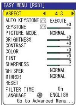 EASY MENU [RGB1] ASPECT 4:3 AUTO KEYSTONE ☑ EXECUTE KEYSTONE +0 PICTURE MODE NORMAL BRIGHTNESS +0 CONTRAST +0 COLOR +0 TINT +0 SHARPNESS 3 WHISPER NORMAL MIRROR NORMAL RESET FILTER TIME Oh LANGUAGE ENGLISH Go to Advanced Menu...