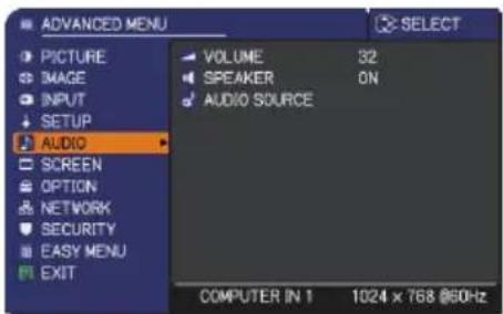 ADVANCED MENU PICTURE IMAGE INPUT SETUP AUDIO SCREEN OPTION NETWORK SECURITY EASY MENU EXIT VOLUME 32 SPEAKER ON AUDIO SOURCE COMPUTER IN 1 1024 x 768 @60Hz