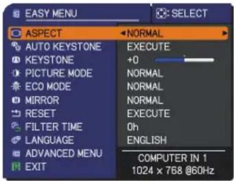EASY MENU ASPECT AUTO KEYSTONE KEYSTONE PICTURE MODE ECO MODE MIRROR RESET FILTER TIME LANGUAGE ADVANCED MENU EXIT NORMAL EXECUTE +0 NORMAL NORMAL NORMAL EXECUTE Oh ENGLISH COMPUTER IN 1 1024 x 768 @60Hz