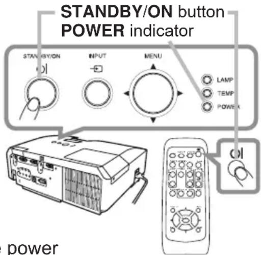 STANDBY/ON button POWER indicator STANDBY/ON INPUT MENU LAMP TEMP POWER oil power