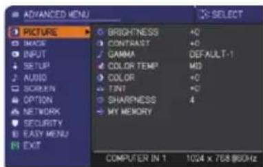 ADANCED MENU PICTURE IMAGE INPUT SETUP AUDIO SCREEN OPTION NETWORK SECURITY EASY MENU EXIT BRIGHTNESS CONTRAST GAMMA COLOR TEMP COLOR TINT SHARNESS MY MEMORY +0 +0 DEFAULT-1 M0 +0 +0 4 COMPUTER IN 1 1024 x 768 @60Hz