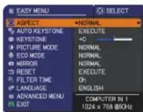 EASY MENU ASPECT AUTO KEYSTONE KEystone PICTURE MODE ECO MODE MIRROR RESET FILTER TIME LANGUAGE ADVANCED MENU EXIT NORMAL EXECUTE +0 NORMAL NORMAL NORMAL EXECUTE Oh ENGLISH COMPUTER IN 1 1024 x 768 @60Hz