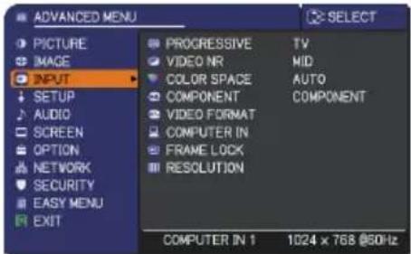ADVANCED MENU PICTURE IMAGE INPUT SETUP AUDIO SCREEN OPTION NETWORK SECURITY EASY MENU EXIT PROGRESSIVE TV VIDEO NR MID COLOR SPACE AUTO COMPONENT COMPONENT VIDEO FORMAT COMPUTER IN FRAME LOCK RESOLUTION COMPUTER IN 1 1024 x 768 @50Hz