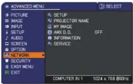 ADVANCED MENU PICTURE IMAGE INPUT SETUP AUDIO SCREEN OPTION NETWORK SECURITY EASY MENU EXIT SETUP PROJECTOR NAME MY IMAGE AMX D.D. 0FF INFORMATION SERVICE COMPUTER IN 1 1024 x 768 @50Hz SELECT