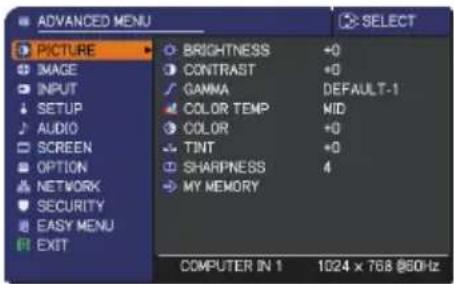 ADVANCED MENU PICTURE IMAGE INPUT SETUP AUDIO SCREEN OPTION NETWORK SECURITY EASY MENU EXIT BRIGHTNESS +0 CONTRAST +0 GAMMA DEFAULT-1 COLOR TEMP MID COLOR +0 TINT +0 SHARPNESS 4 MY MEMORY COMPUTER IN 1 1024 x 768 @60Hz
